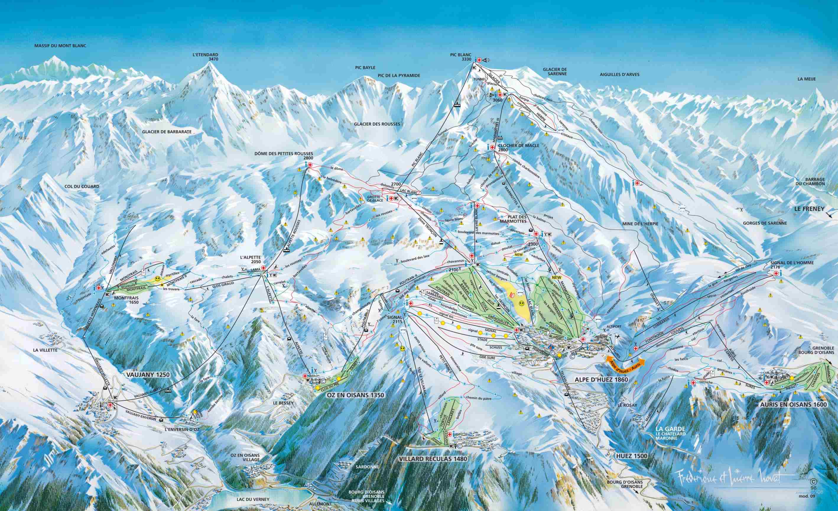 Alpe d'Huez detailed piste map showing ski runs, lifts and mountain terrain
