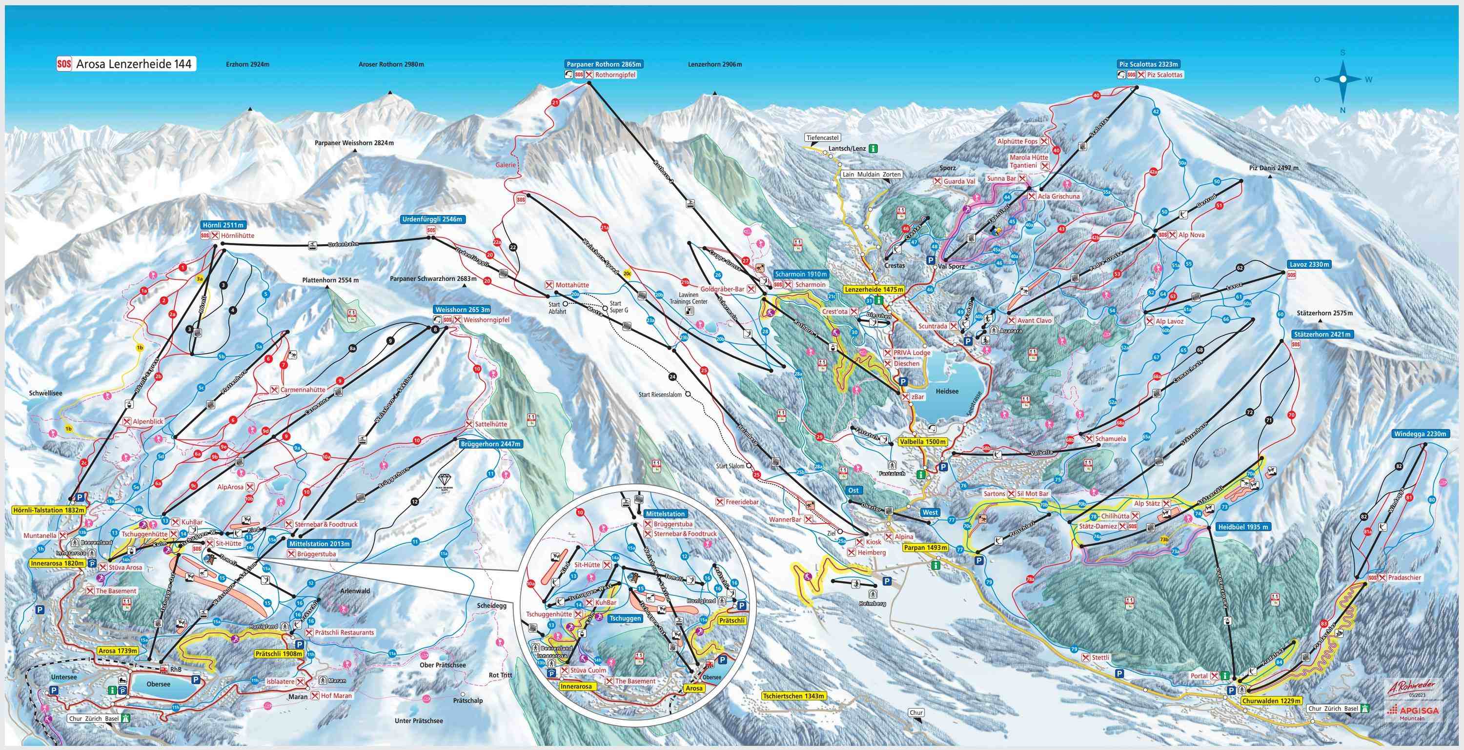 Arosa detailed piste map showing ski runs, lifts and mountain terrain