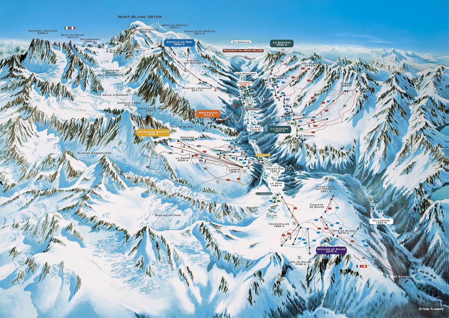 Chamonix - Argentiere detailed piste map showing ski runs, lifts and mountain terrain