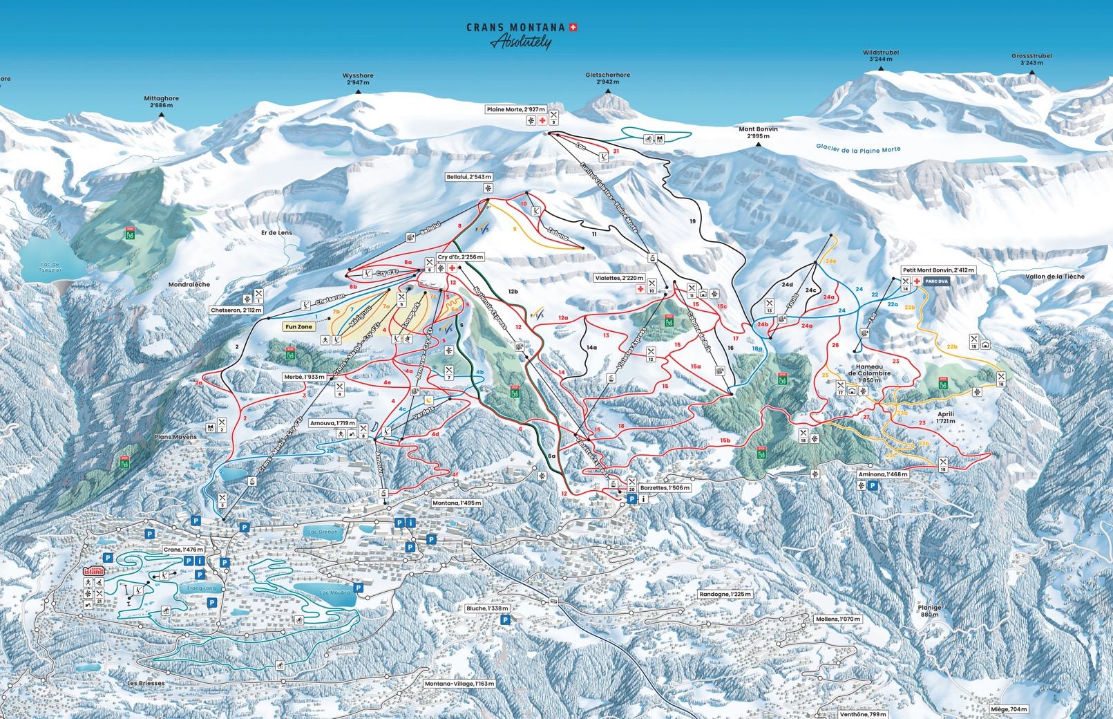 Crans Montana detailed piste map showing ski runs, lifts and mountain terrain