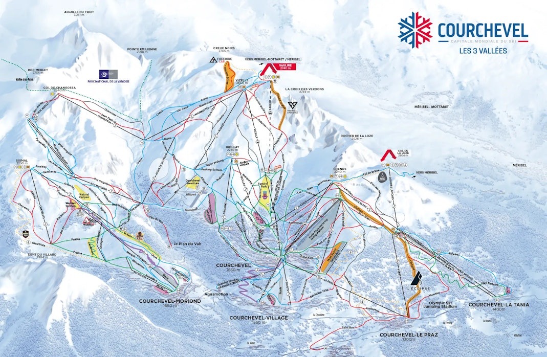 Courchevel 1650 detailed piste map showing ski runs, lifts and mountain terrain