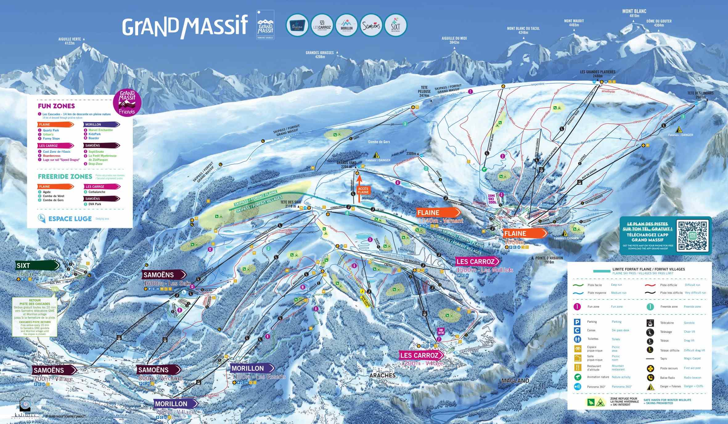 Flaine detailed piste map showing ski runs, lifts and mountain terrain