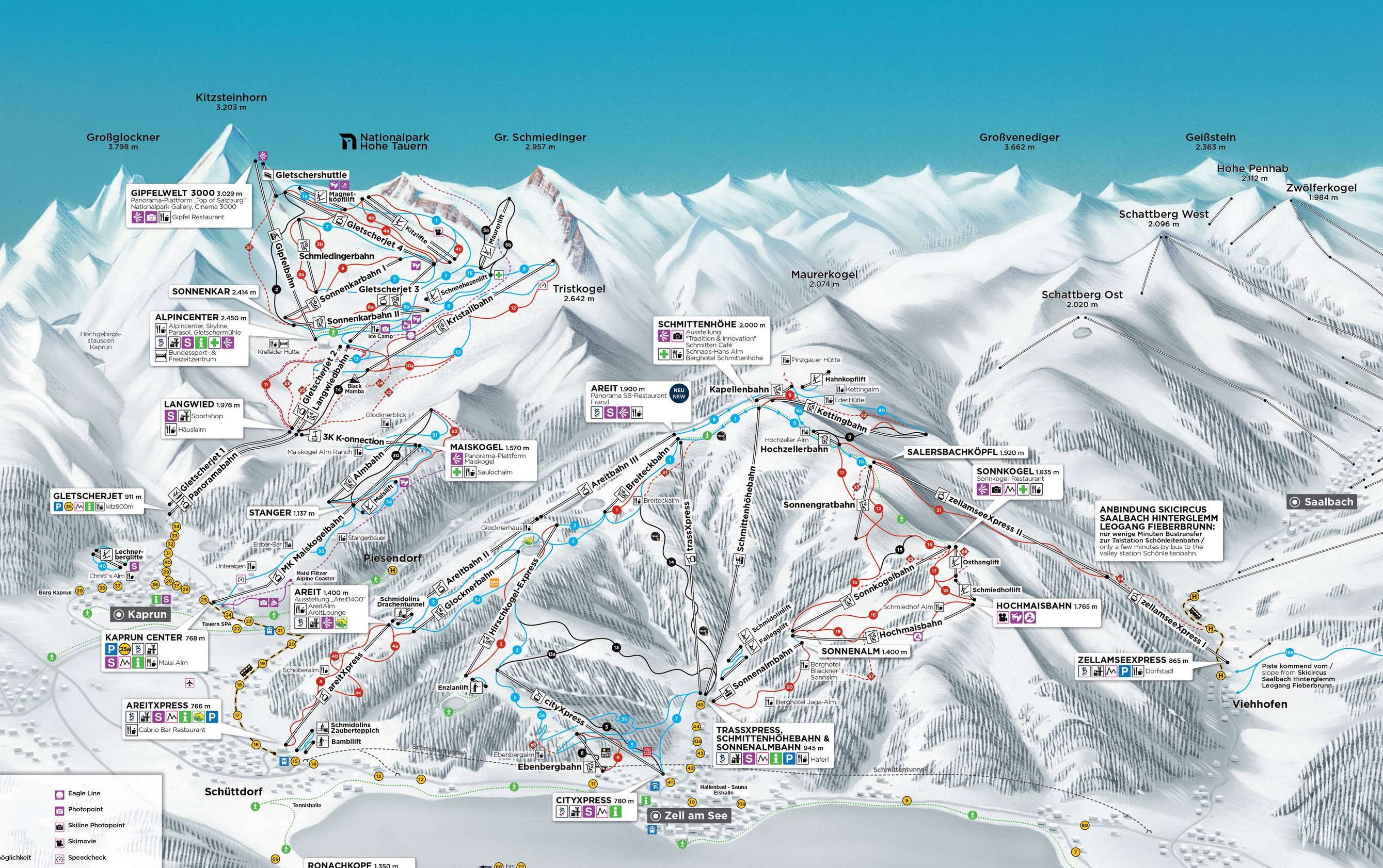 Kaprun detailed piste map showing ski runs, lifts and mountain terrain