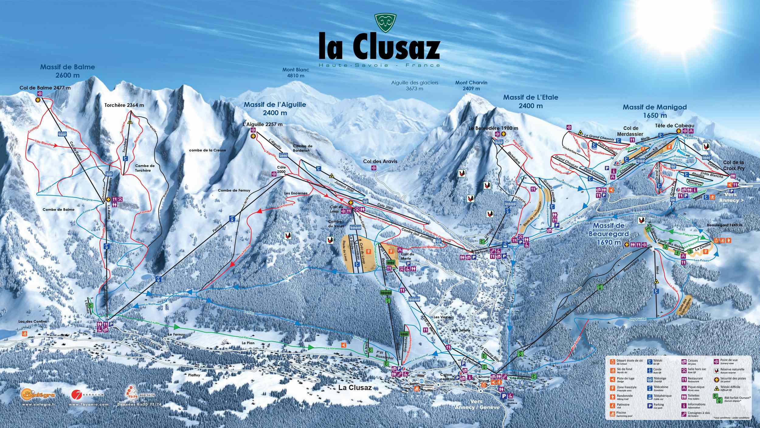 La Clusaz detailed piste map showing ski runs, lifts and mountain terrain