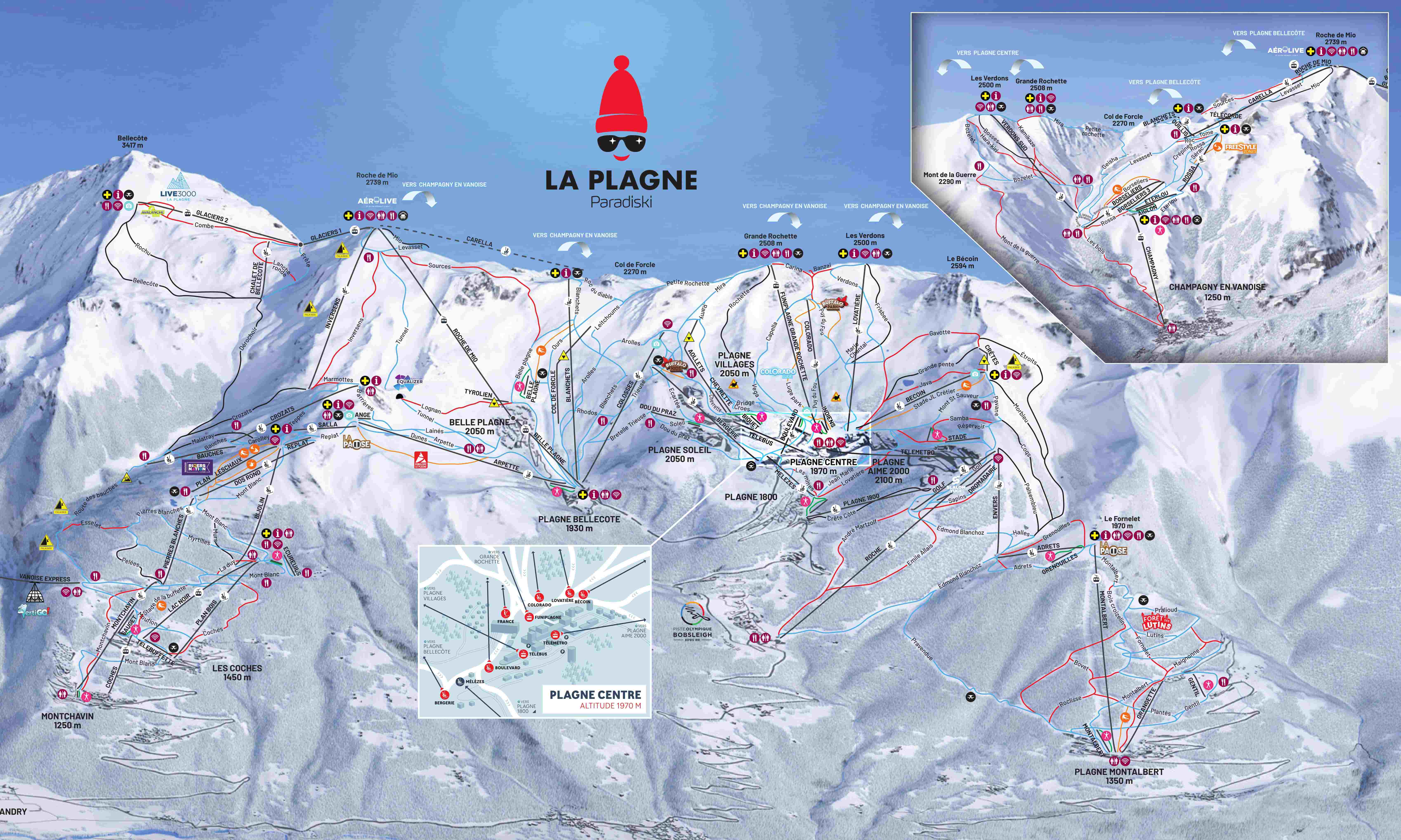 La Plagne detailed piste map showing ski runs, lifts and mountain terrain