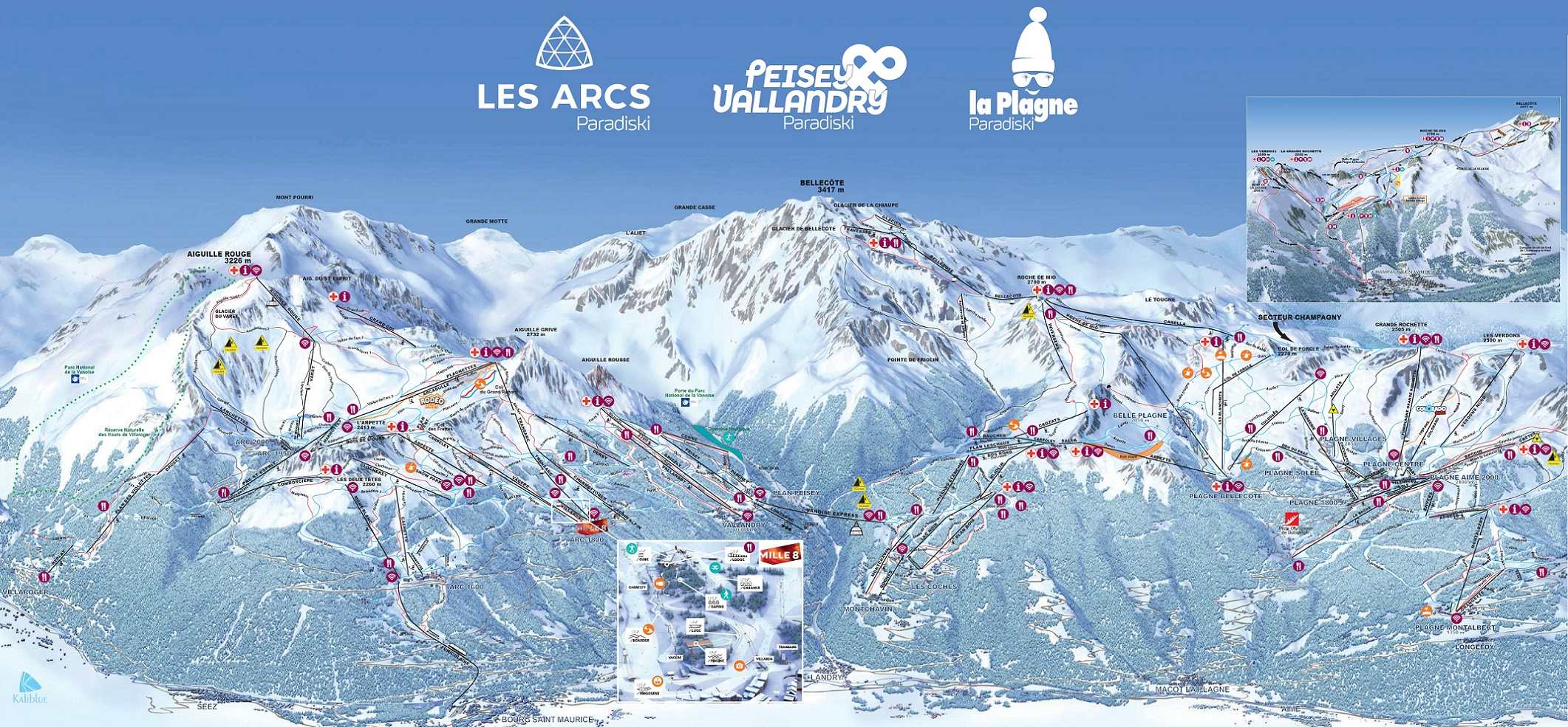 Les Arcs detailed piste map showing ski runs, lifts and mountain terrain