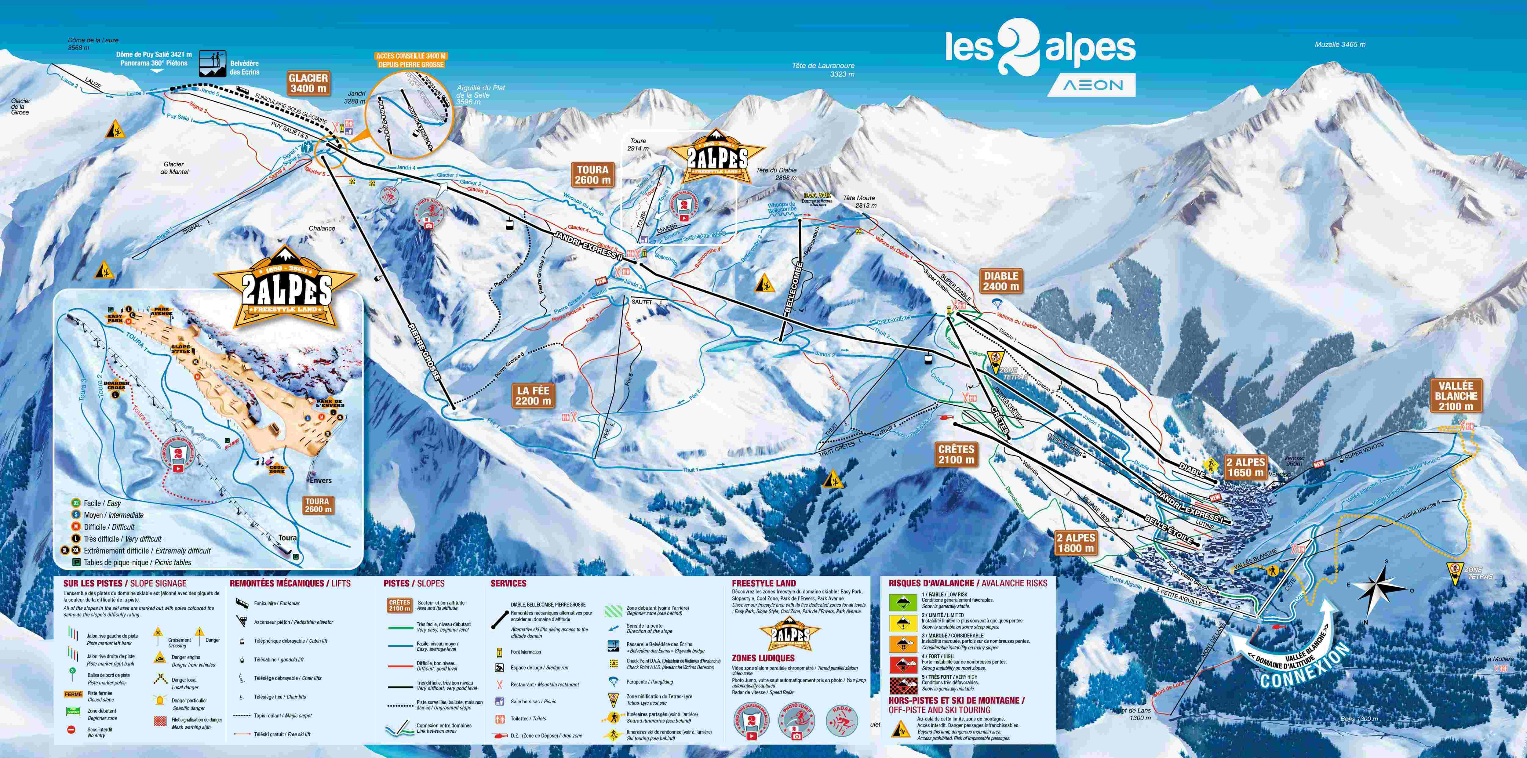 Les Deux Alpes detailed piste map showing ski runs, lifts and mountain terrain