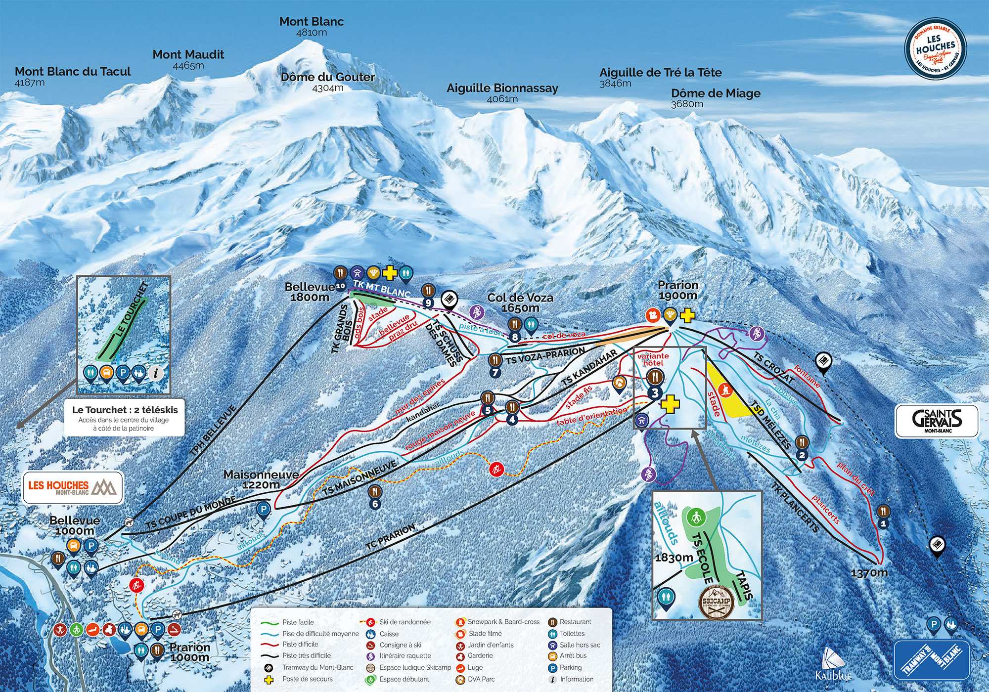 Chamonix - Les Houches detailed piste map showing ski runs, lifts and mountain terrain
