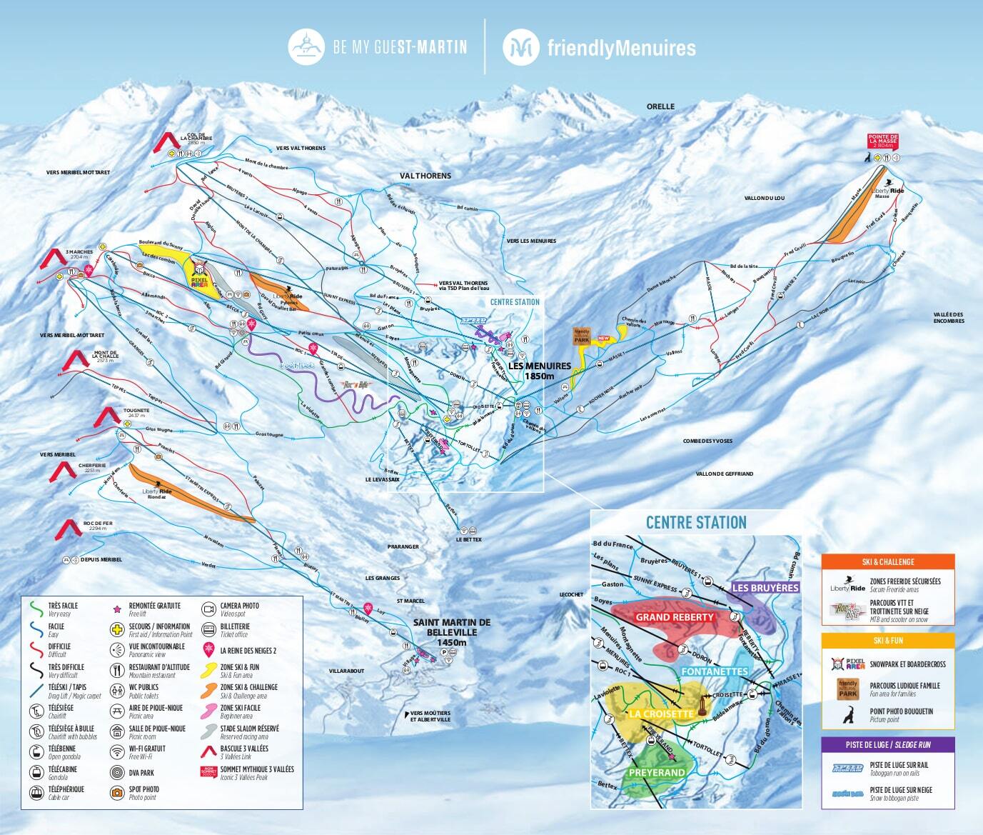 Les Menuires detailed piste map showing ski runs, lifts and mountain terrain