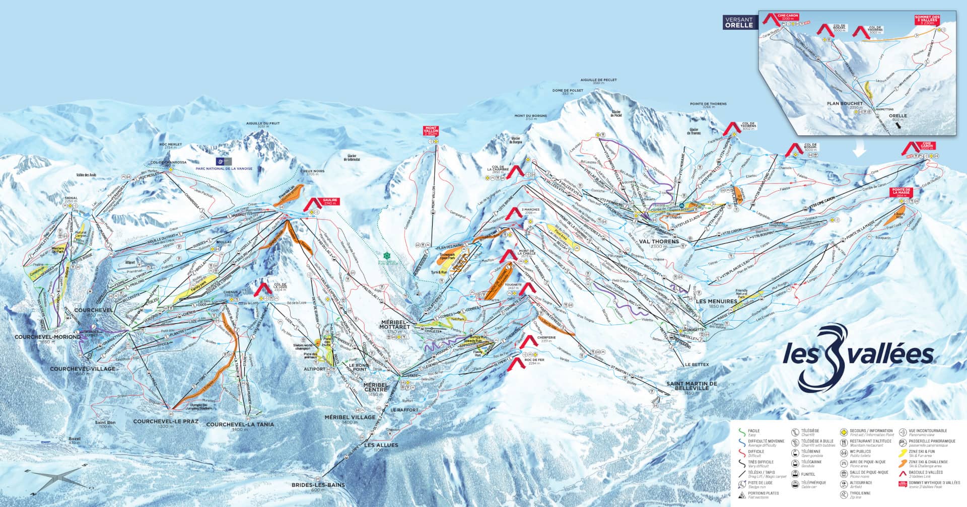 Meribel detailed piste map showing ski runs, lifts and mountain terrain