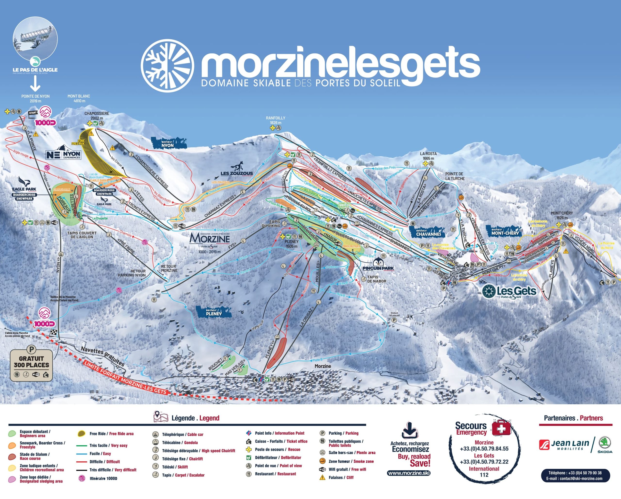 Morzine detailed piste map showing ski runs, lifts and mountain terrain