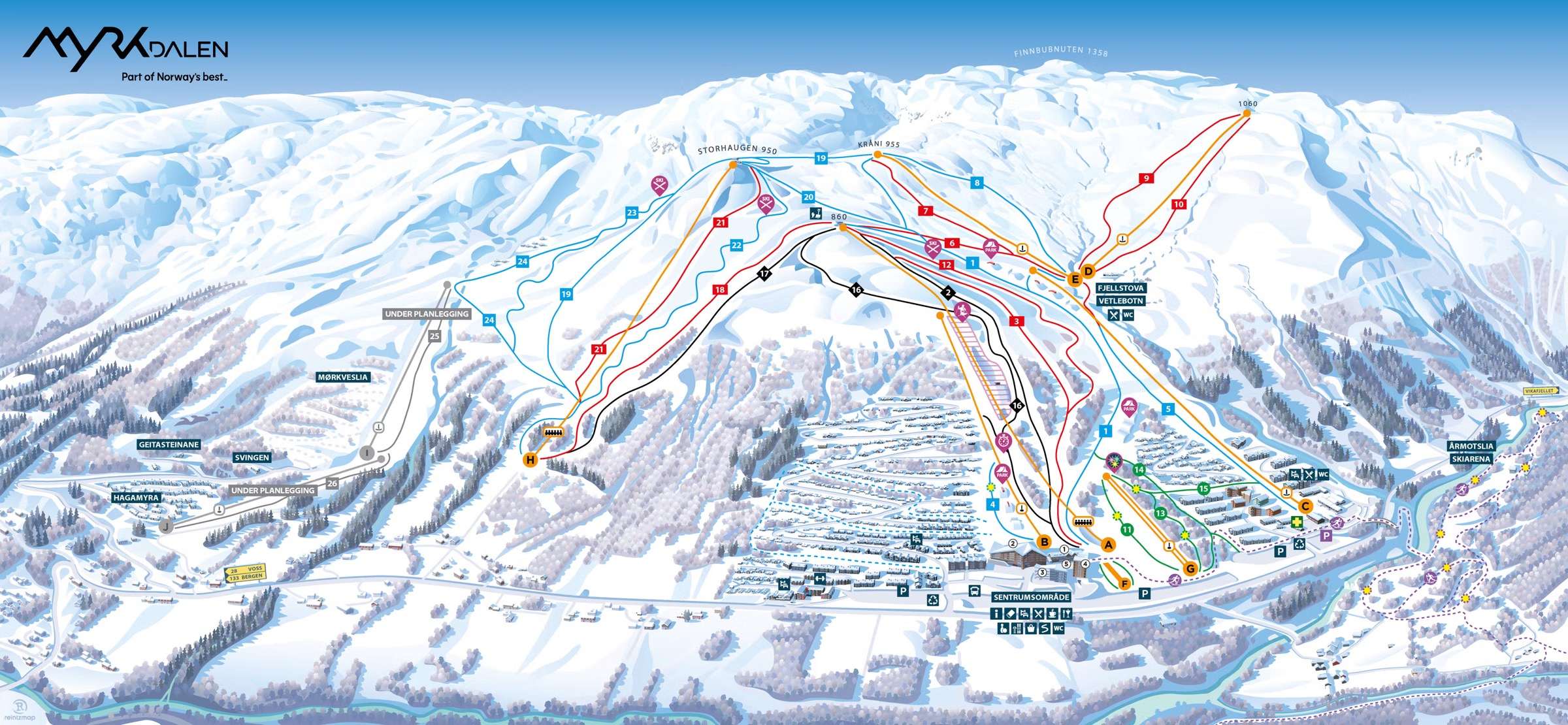 Myrkdalen detailed piste map showing ski runs, lifts and mountain terrain