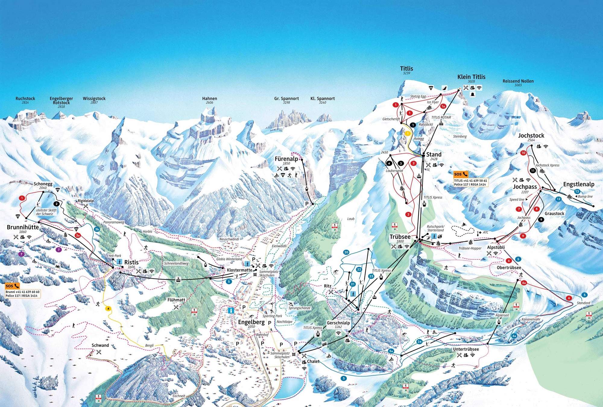 Engelberg detailed piste map showing ski runs, lifts and mountain terrain