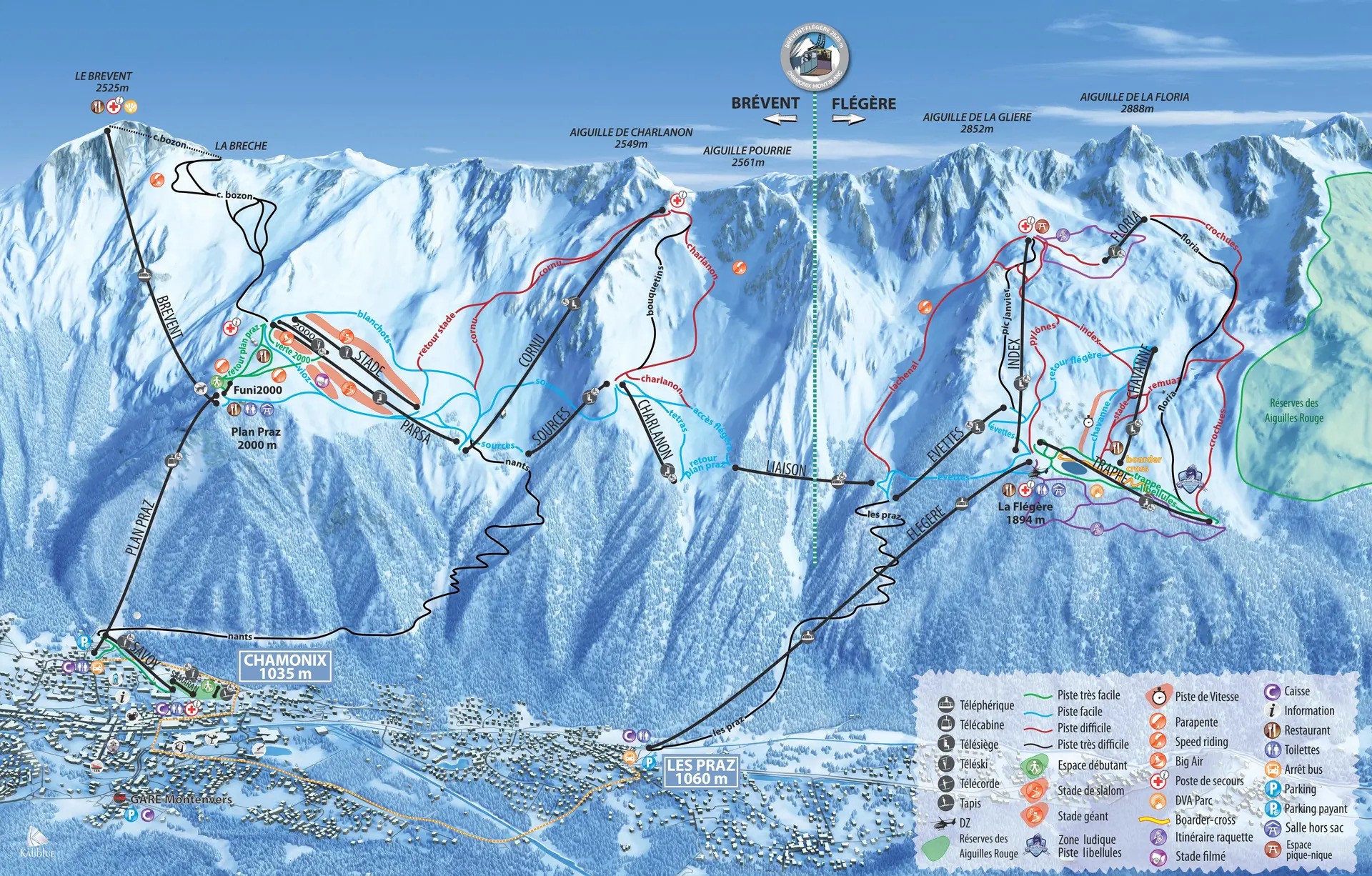 Chamonix detailed piste map showing ski runs, lifts and mountain terrain