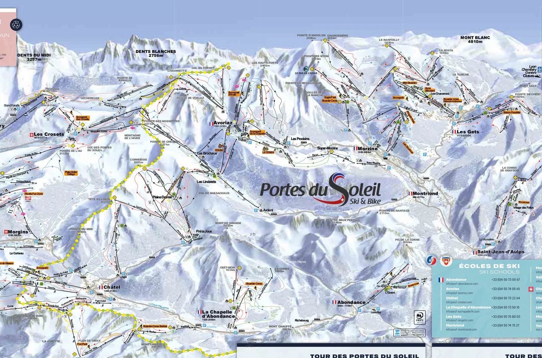 Avoriaz detailed piste map showing ski runs, lifts and mountain terrain