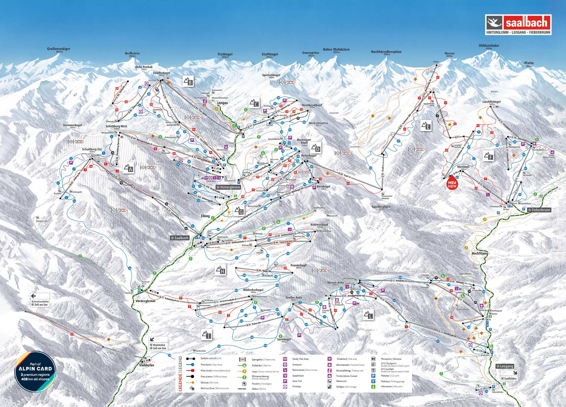 Saalbach detailed piste map showing ski runs, lifts and mountain terrain