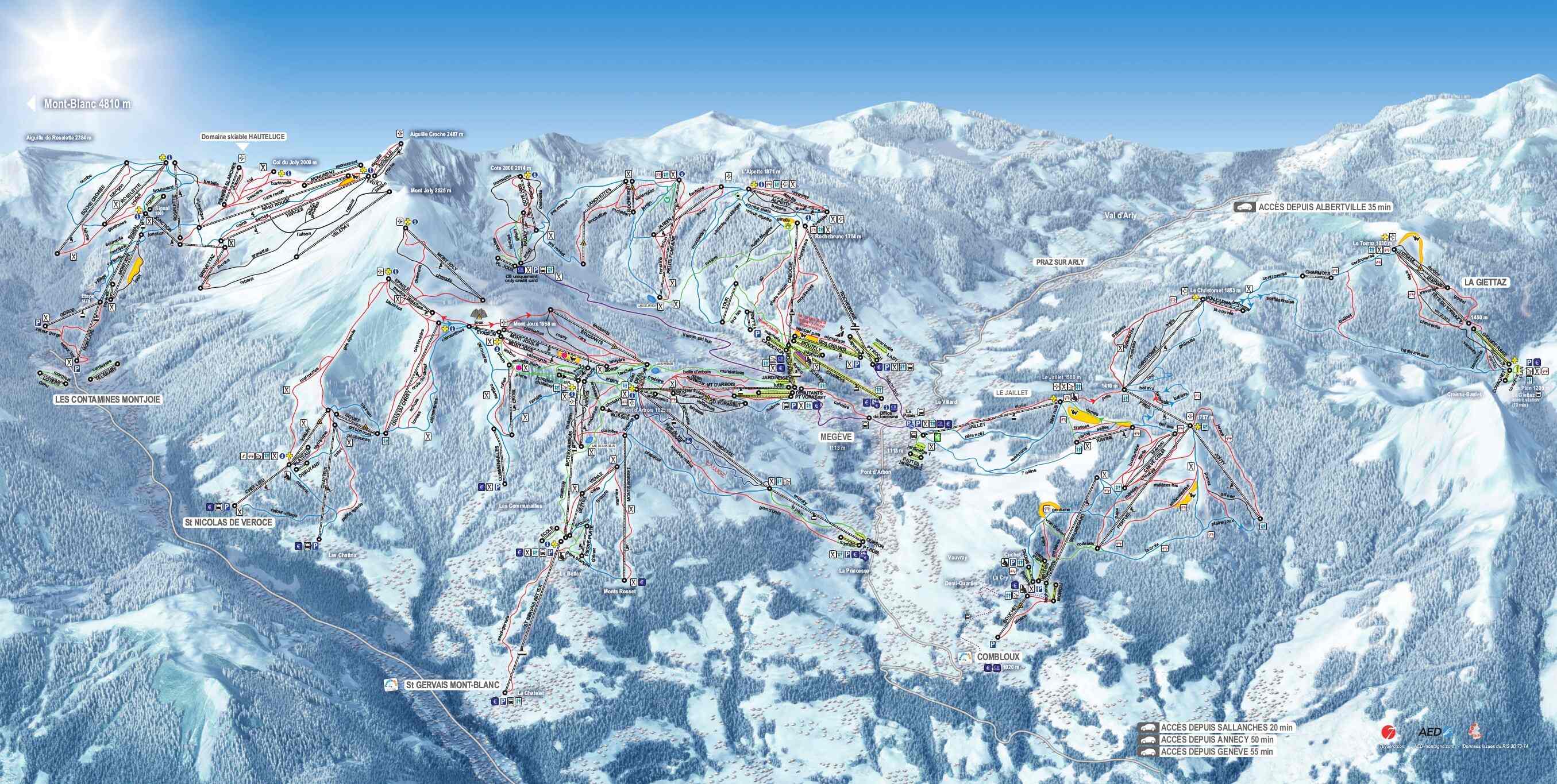 Saint Gervais detailed piste map showing ski runs, lifts and mountain terrain