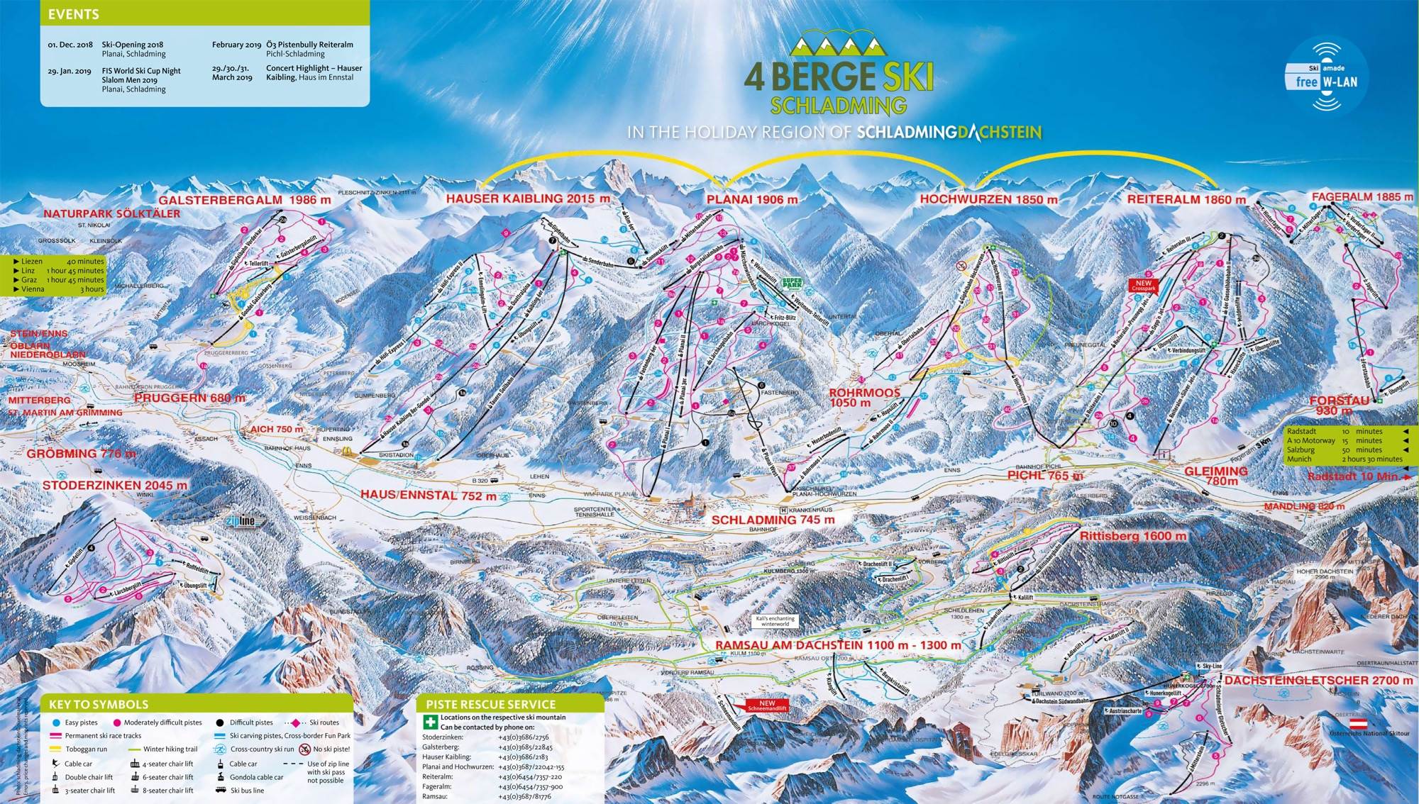 Schladming detailed piste map showing ski runs, lifts and mountain terrain