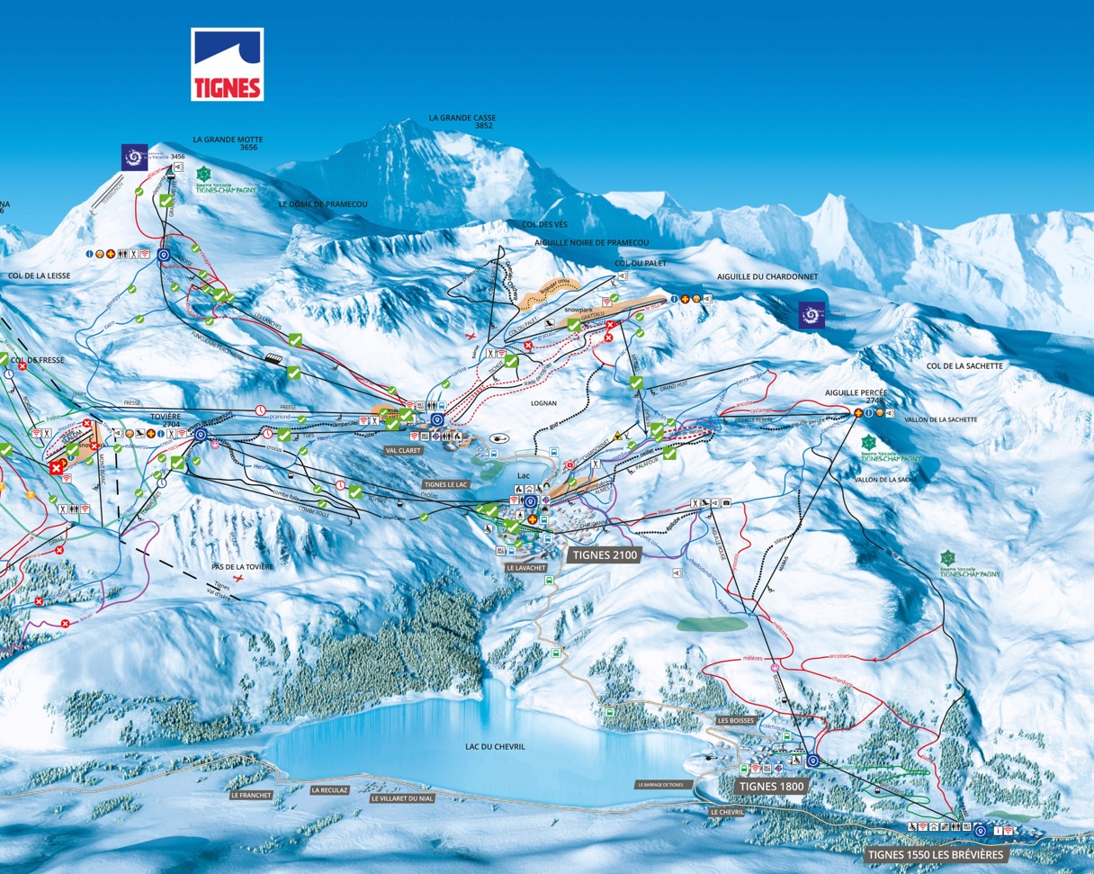 Tignes detailed piste map showing ski runs, lifts and mountain terrain