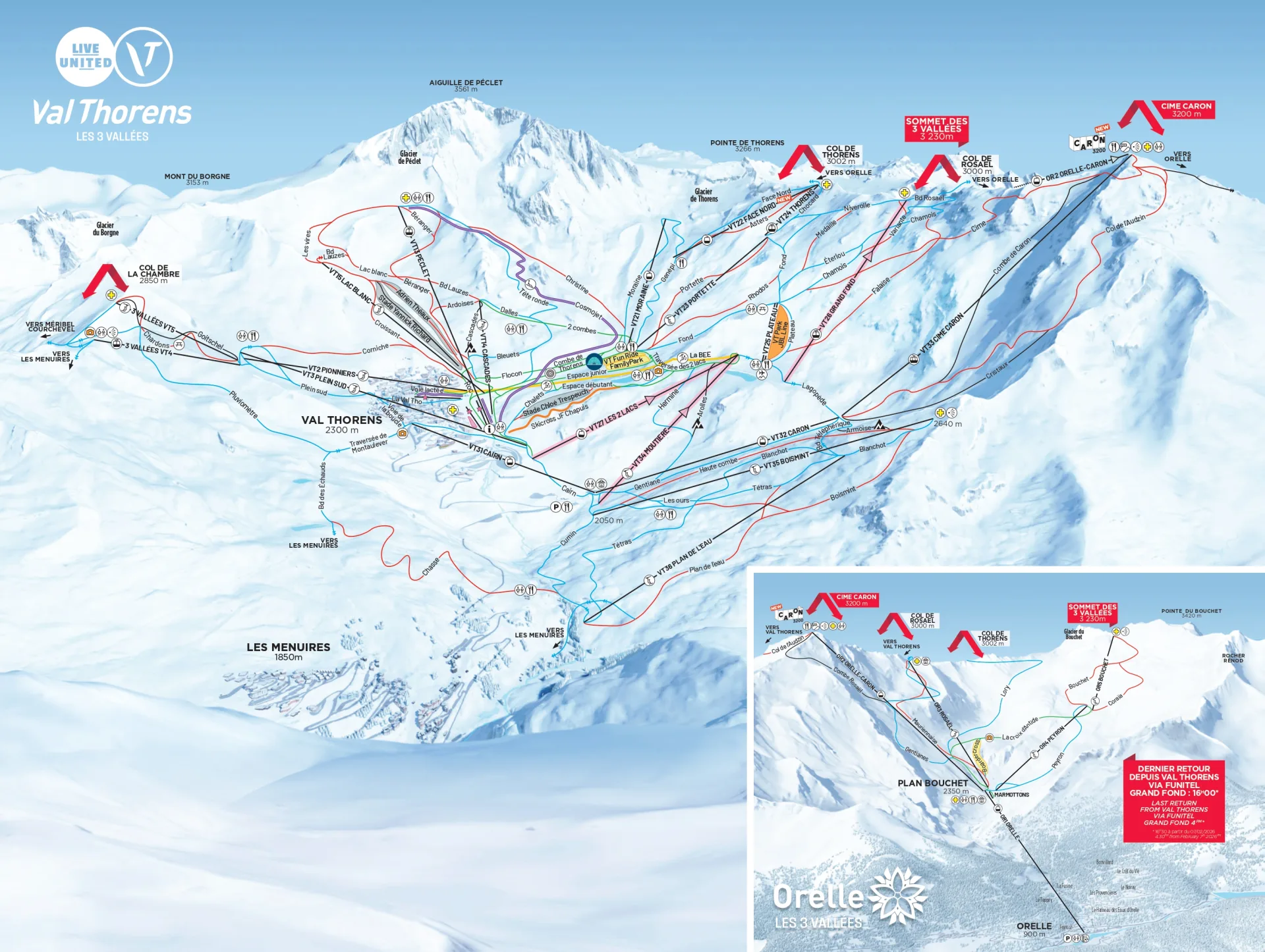 Val Thorens detailed piste map showing ski runs, lifts and mountain terrain
