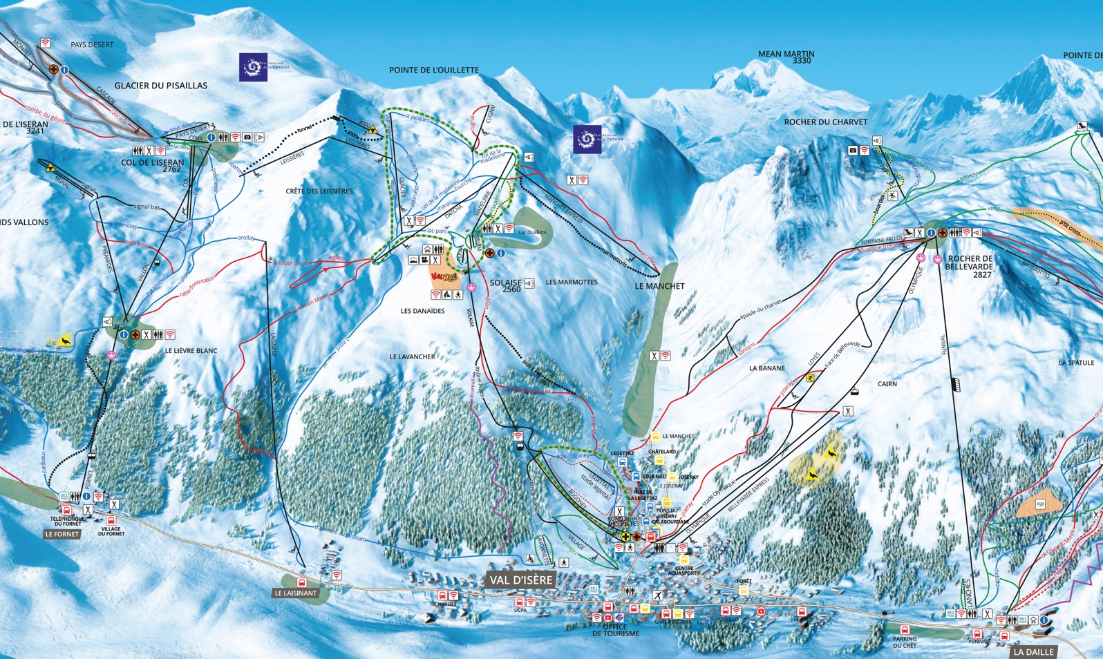 Val d'Isere detailed piste map showing ski runs, lifts and mountain terrain