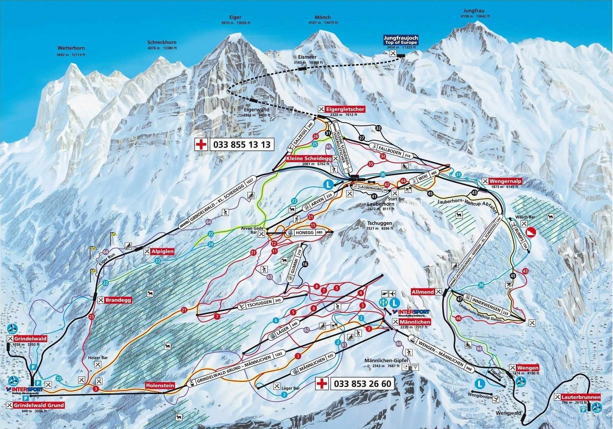 Wengen detailed piste map showing ski runs, lifts and mountain terrain