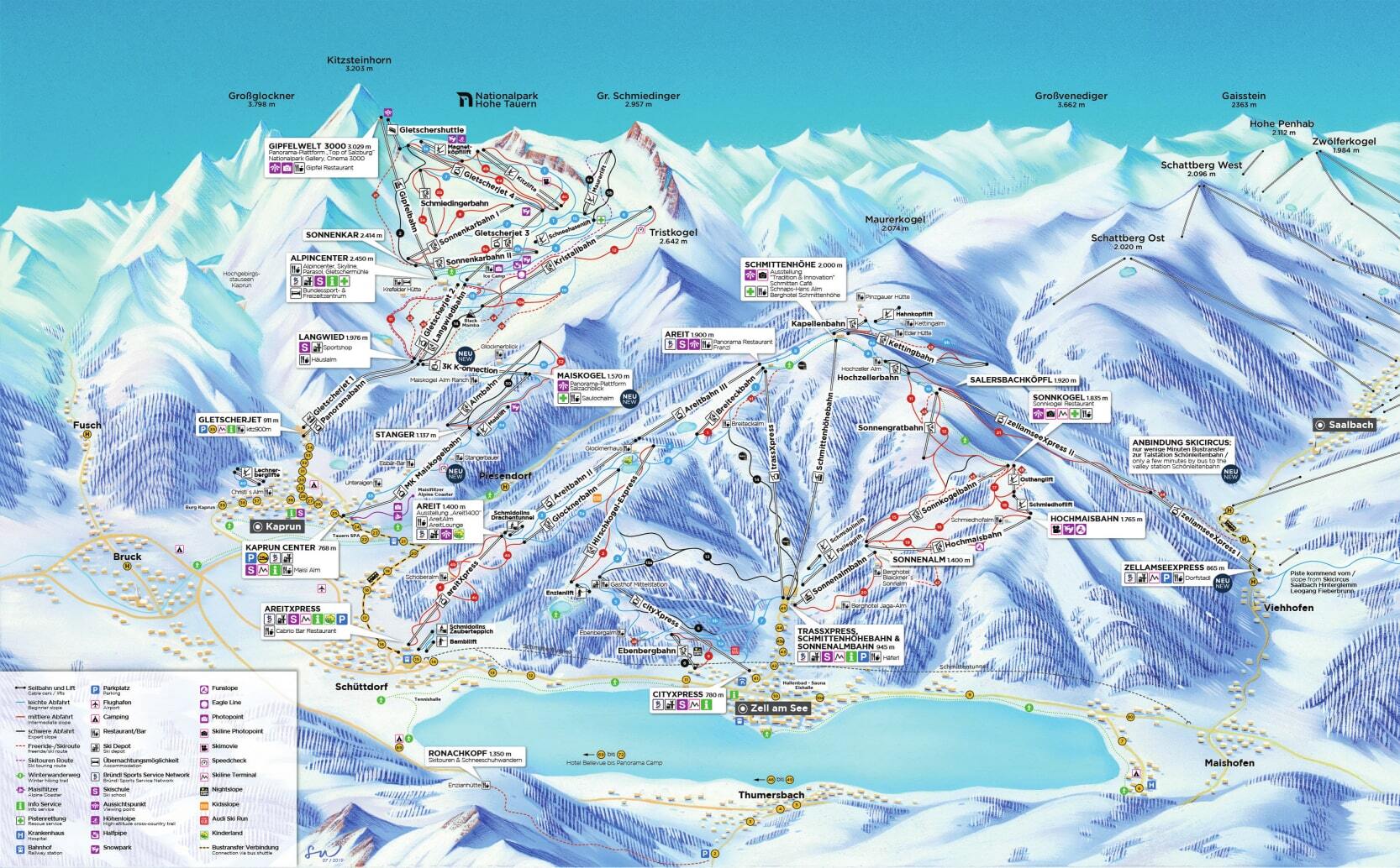 Zell am See detailed piste map showing ski runs, lifts and mountain terrain
