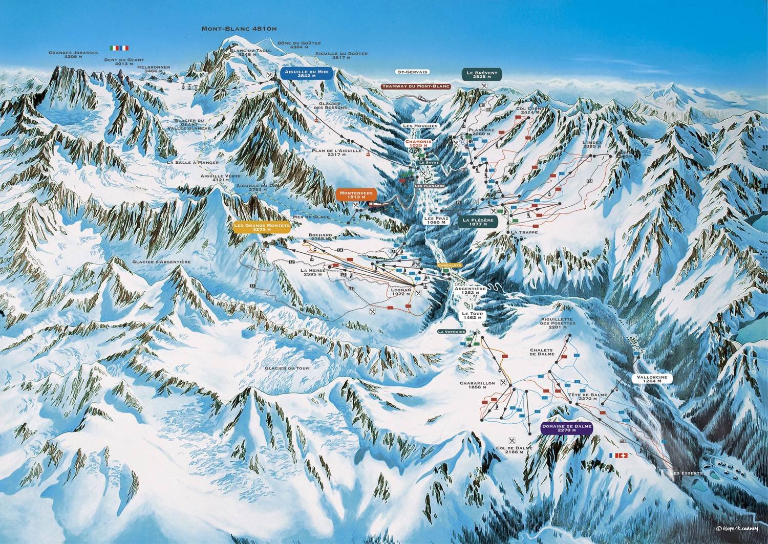 Chamonix - Argentiere detailed piste map showing ski runs, lifts and mountain terrain