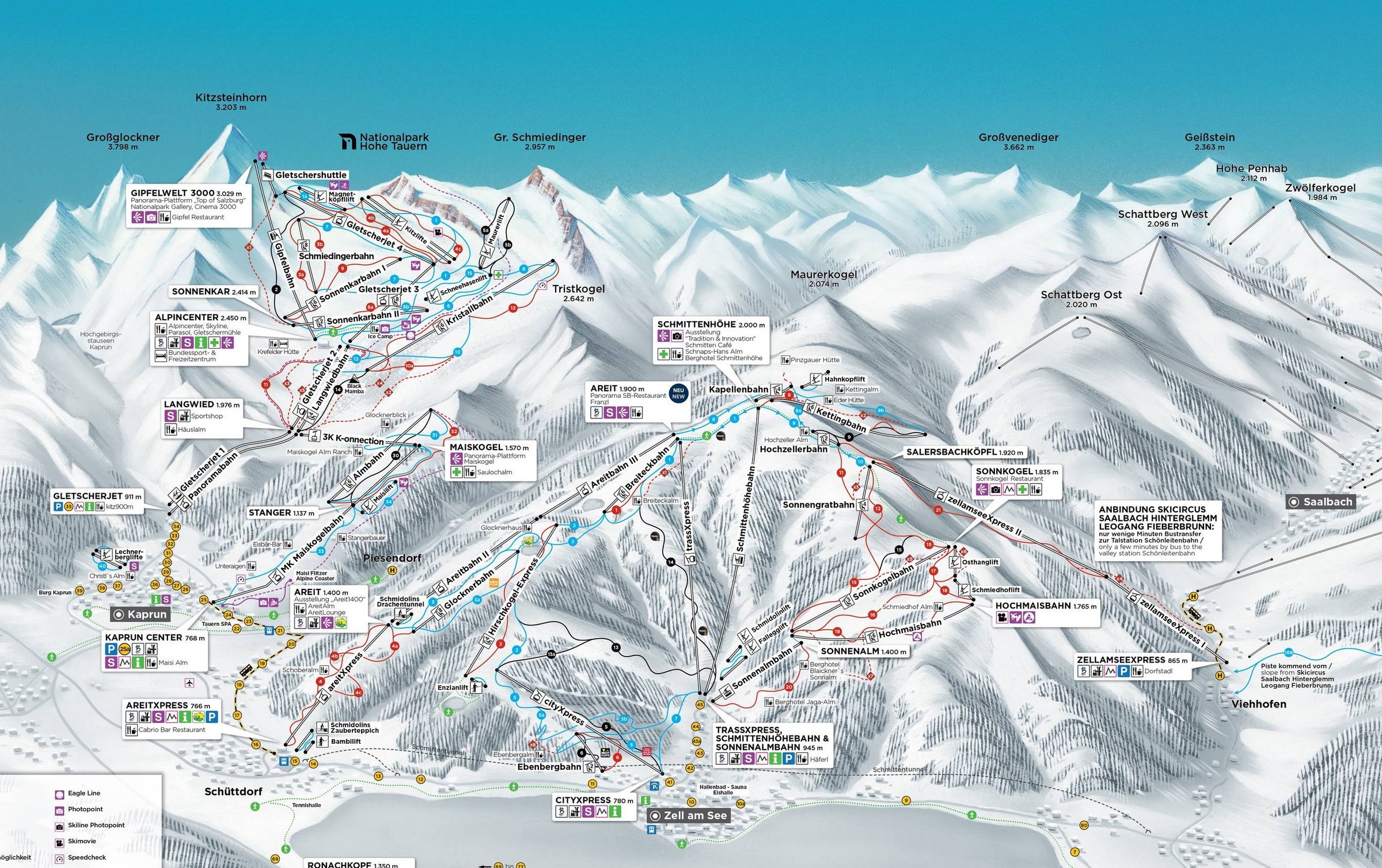 Kaprun detailed piste map showing ski runs, lifts and mountain terrain