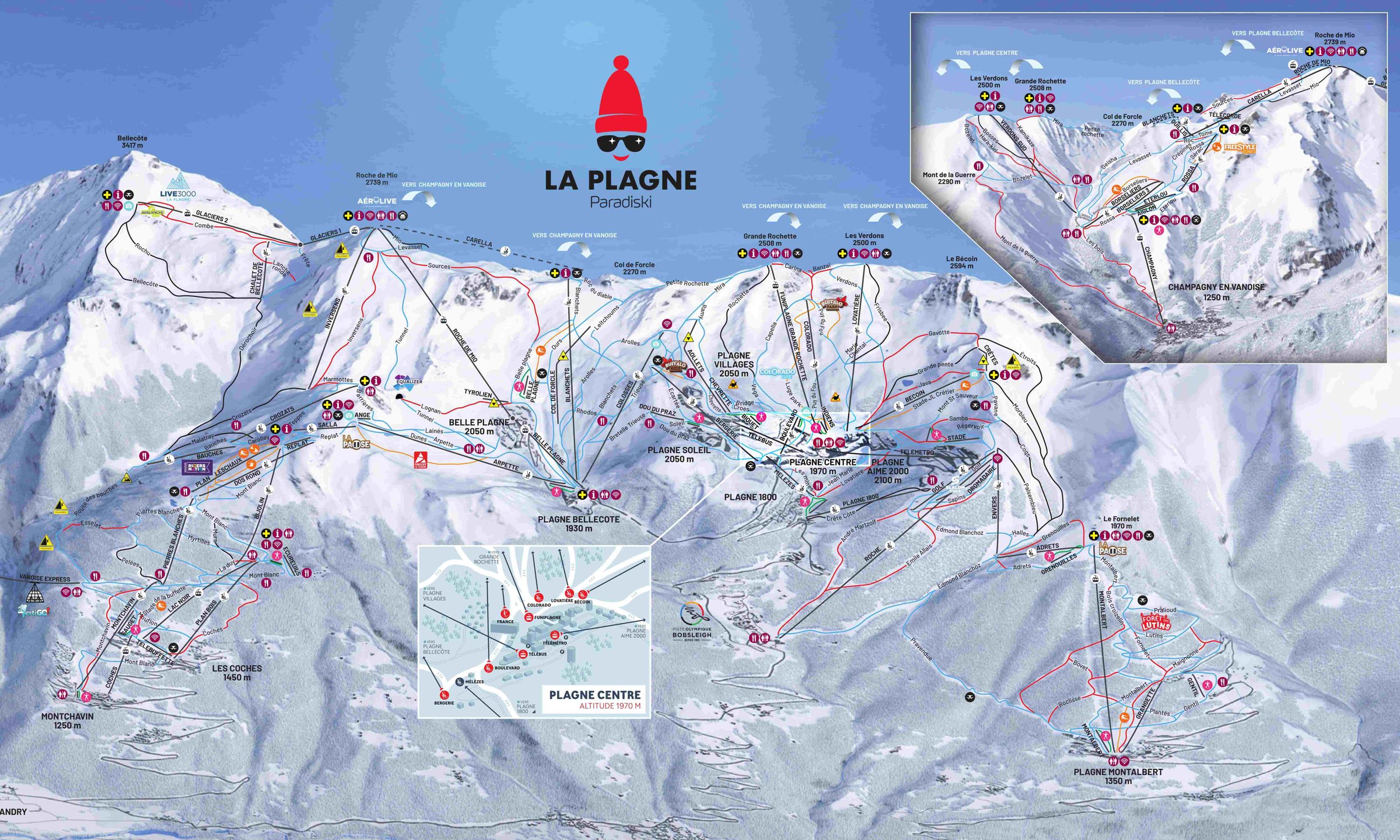 La Plagne detailed piste map showing ski runs, lifts and mountain terrain