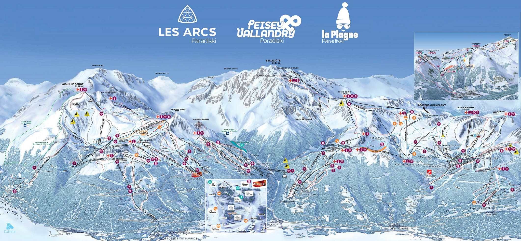 Les Arcs detailed piste map showing ski runs, lifts and mountain terrain