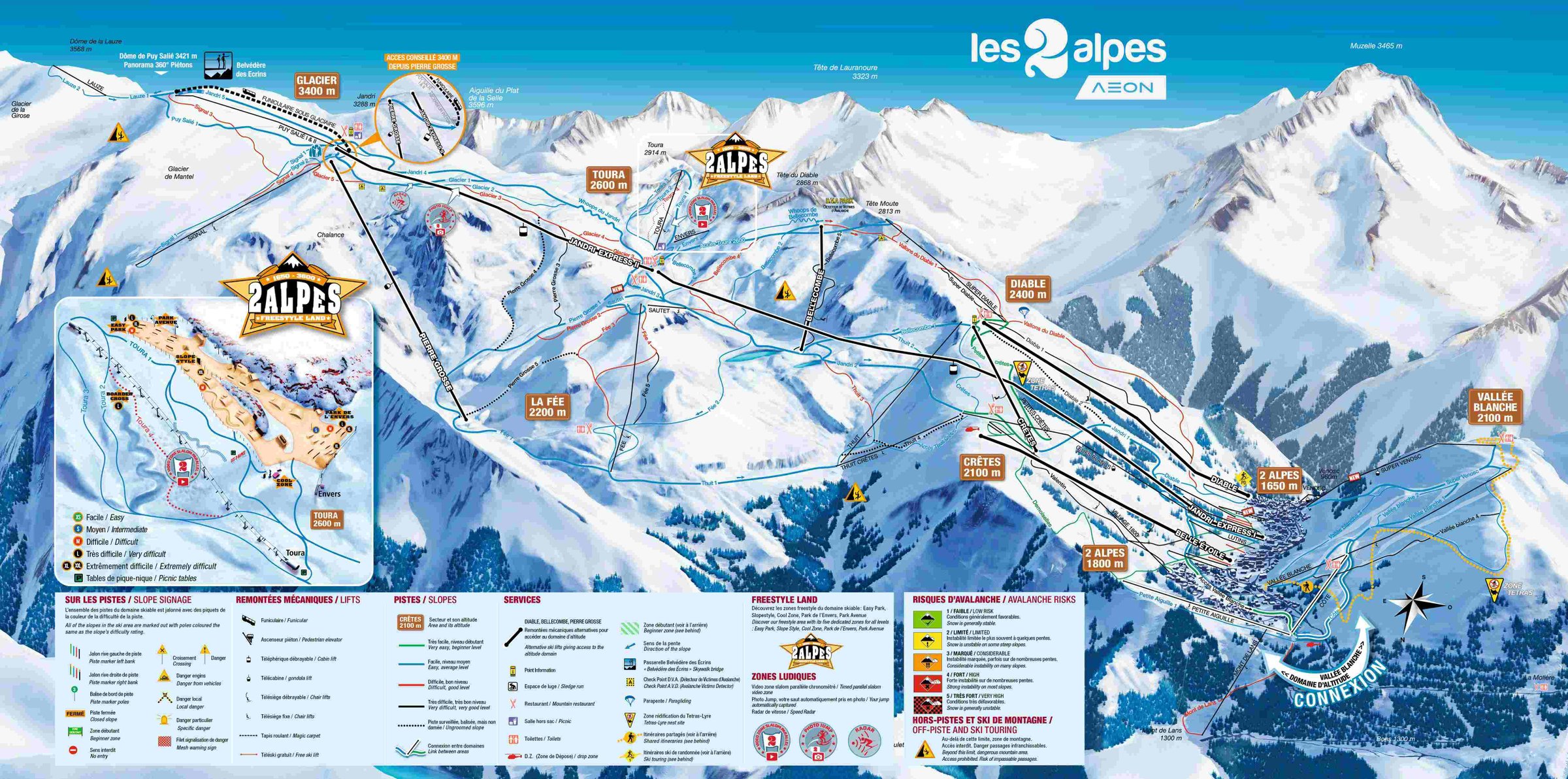 Les Deux Alpes detailed piste map showing ski runs, lifts and mountain terrain