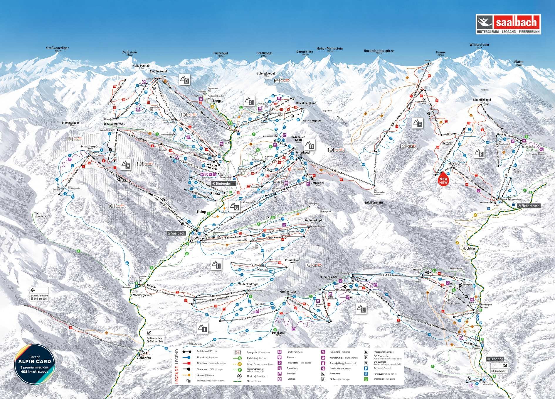 Saalbach detailed piste map showing ski runs, lifts and mountain terrain