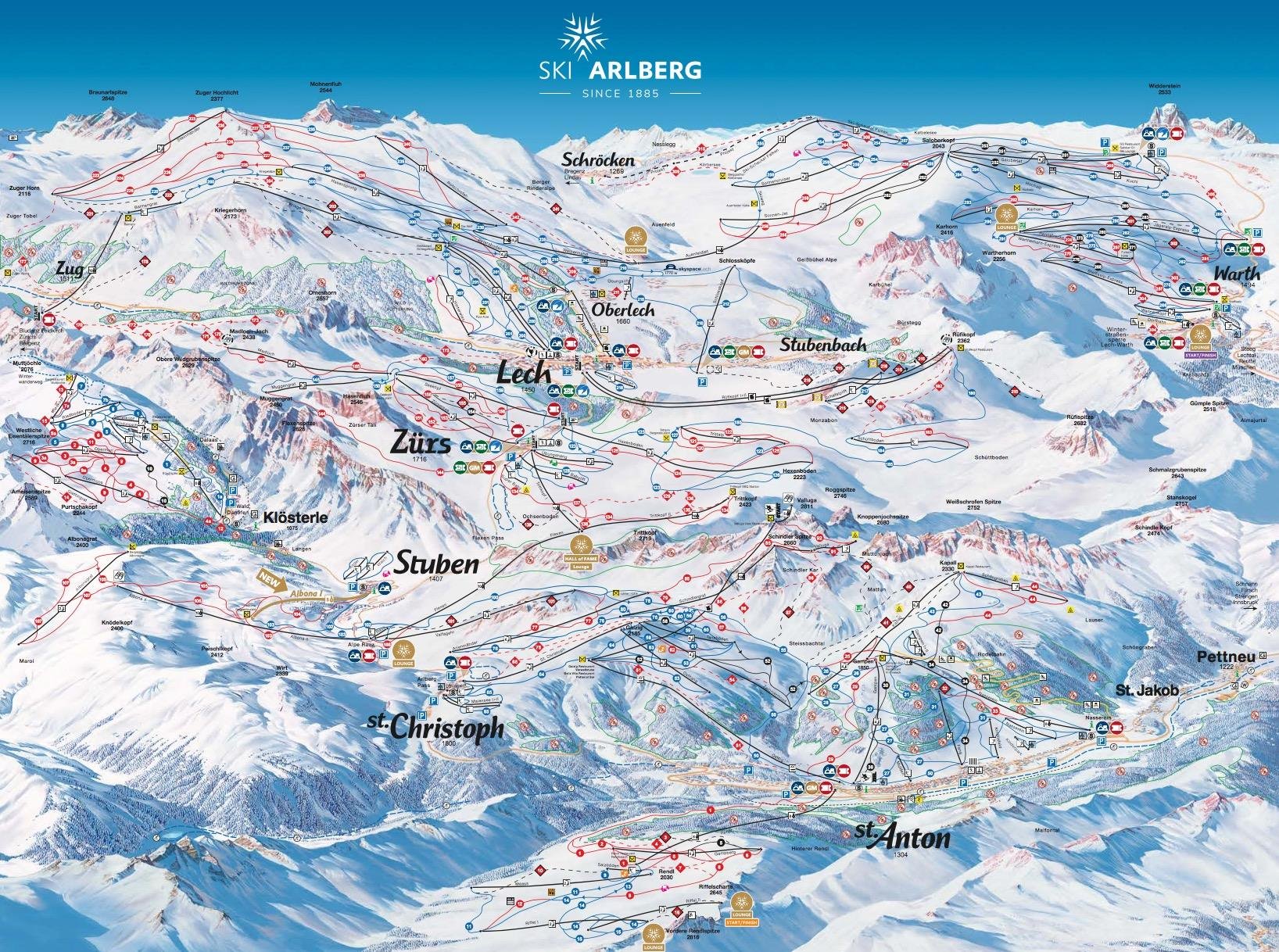 St. Anton detailed piste map showing ski runs, lifts and mountain terrain