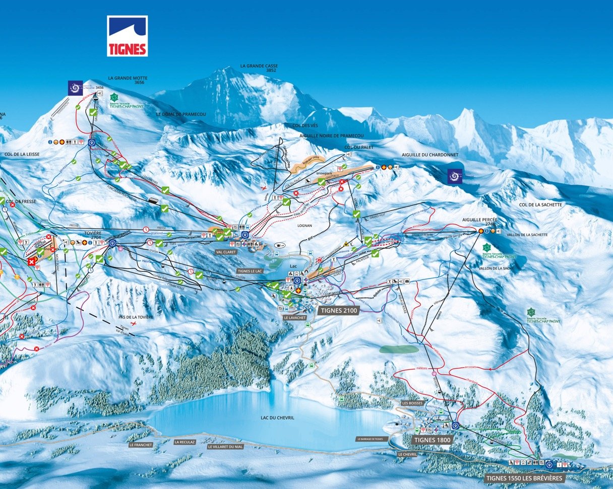 Tignes detailed piste map showing ski runs, lifts and mountain terrain
